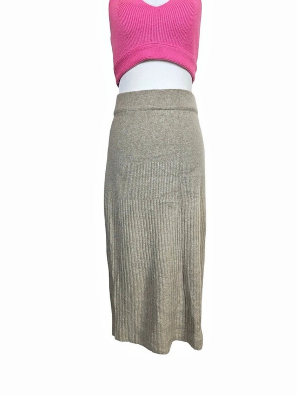 Vivienne Tam Wool & Cashmere Blend Ribbed Pull-up Midi Skirt in Light Beige